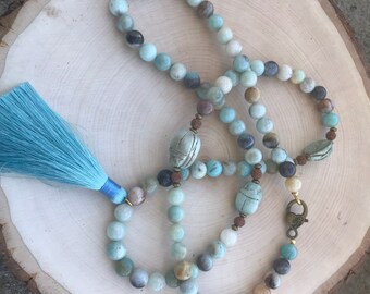 Amazonite Tassel Necklace with Scarab Accents