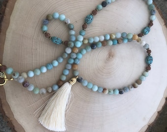 Amazonite necklace with scarab beads and silk tassel.