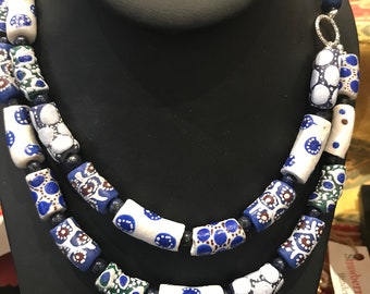 Blue Krobo Glass 2 Strand Necklace
