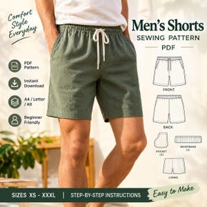 Mönster för herrshorts i linne i PDF-format, mönster för shorts med resår i midjan, nybörjarmönster för män, sommarshorts, direktnedladdning