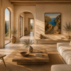 Könnte beinhalten: Ein Wohnzimmer mit einem großen quadratischen Couchtisch aus Holz, einem beigen Sofa mit Kissen, einem Holzstuhl mit geflochtener Sitzfläche und einem gerahmten Küstenlandschaftsgemälde an der Wand. Der Raum umfasst Torbögen und Einbauregale.