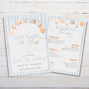 Junggesellinnenabschieds-Paket „Last Toast on the Coast“ | Digitaler Download für den Strand-Junggesellinnenabschied (Einladung, Programm, Schild)
