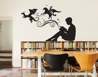 Boy Reading Magic Book Wall Decal - Vinyl Art Stickers for Homes, Kids Rooms, Schools, Classrooms, Libraries, Bedrooms, and Interiors