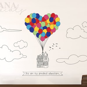 Doodled Scene: Flying Heart-Shape Balloon Up House Wall Decal - Custom Vinyl Art Stickers for Homes, Nurseries, Schools, Interiors