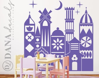Whimsical Village Wall Decal – Kids Room Decor, Stars and Moon
