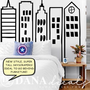 Large Over-sized Doodled City Skyline Skyscrapers - Wall Vinyl Decals for Kid's Rooms, Play rooms, Day Care, School, Superhero Room