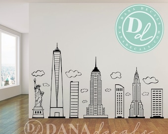 LARGE Doodled New York City Skyline - Wall Art Vinyl Decal for Kid's Rooms, Play rooms, Day Cares, Schools, Libraries Superhero Room, NYC