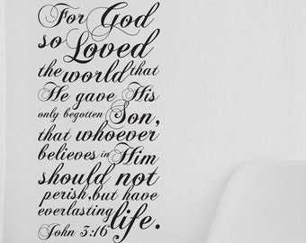 Cita bíblica de Juan 3:16: "De tal manera amó Dios al mundo" - Calcomanía de vinilo personalizada para pared con cita bíblica del libro de Juan