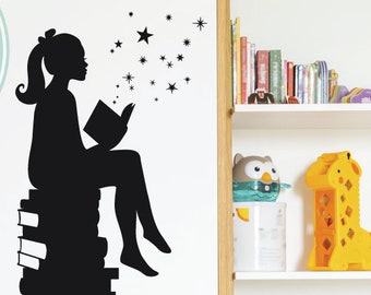 SMALL Size ORIGINAL Design Girl Reading Books Magic - Wall Decal Vinyl Art Stickers for Interiors, Schools, Classrooms, Libraries, Bedrooms