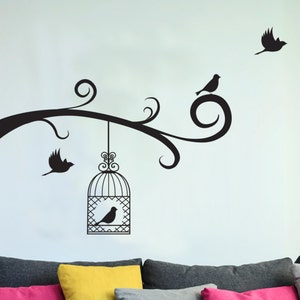 Bird Cage and Flock of Birds with Flowing Tree Branches  - Wall Decal Custom Vinyl Art Stickers for Homes, Schools, Nurseries, Bedrooms