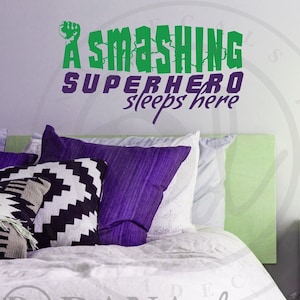 A Smashing Superhero Sleeps Here - Hero Kid&#39;s Room Wall Decal Quote Custom Vinyl Wall Art for Boy&#39;s Room, Girls Room, Nursery, Room Decor