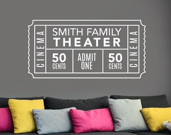 Personalized Family Movie Theater Ticket Decal - Wall Decal Custom Vinyl Art Stickers for Interiors, Homes, Living Rooms, Home Theaters