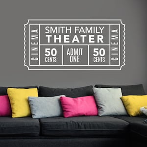 Personalized Family Movie Theater Ticket Decal Wall Decal Custom Vinyl Art Stickers for Interiors, Homes, Living Rooms, Home Theaters image 1