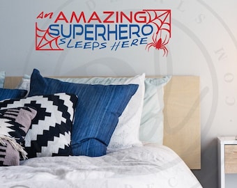 An Amazing Superhero Sleeps Here - Hero Kid's Room Wall Decal Quote Custom Vinyl Wall Art for Boy's Room, Girls Room, Nursery, Room Decor