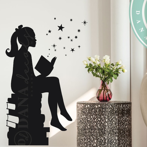 Girl Reading Books Vinyl Wall Decal – Magical Library Decor