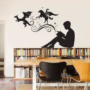 Boy Reading Magic Book Wall Decal - Vinyl Art Stickers for Homes, Kids Rooms, Schools, Classrooms, Libraries, Bedrooms, and Interiors