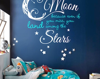 Moon and Stars Quote Vinyl Wall Decal, Nursery Art