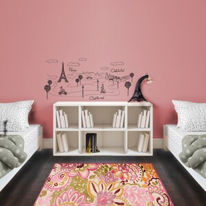 Paris Park Eiffel Tower Doodle Scene - Whimsical Travel Wall Decal Custom Vinyl Art Stickers for Classrooms, Homes, Coffee Shops