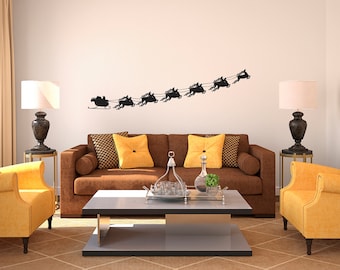 Christmas Santa Sleigh and Flying Reindeer -Wall Decal Custom Vinyl Art Stickers
