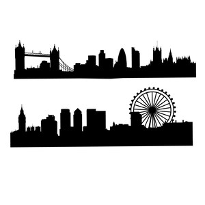 May include: Black silhouette of two London skylines. The top skyline features the Tower Bridge, and the bottom skyline includes the London Eye. The image is a simple, graphic representation of the city's iconic landmarks.
