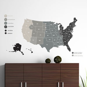 Moyenne carte des fuseaux horaires des États-Unis, multicolores - Stickers muraux en vinyle personnalisés pour salles de classe, bureaux, centres d'appels