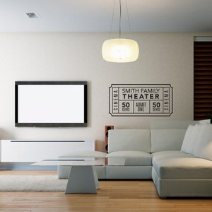 Personalized Family Movie Theater Ticket Decal Wall Decal Custom Vinyl Art Stickers for Interiors, Homes, Living Rooms, Home Theaters image 2