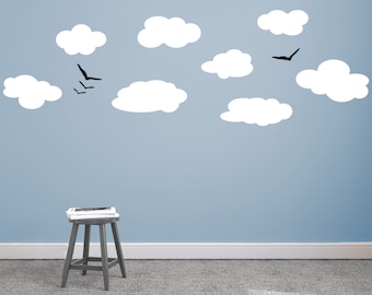 Clouds and Birds Silhouettes Whimsical Modern Scene - Wall Decal Custom Vinyl Art Stickers