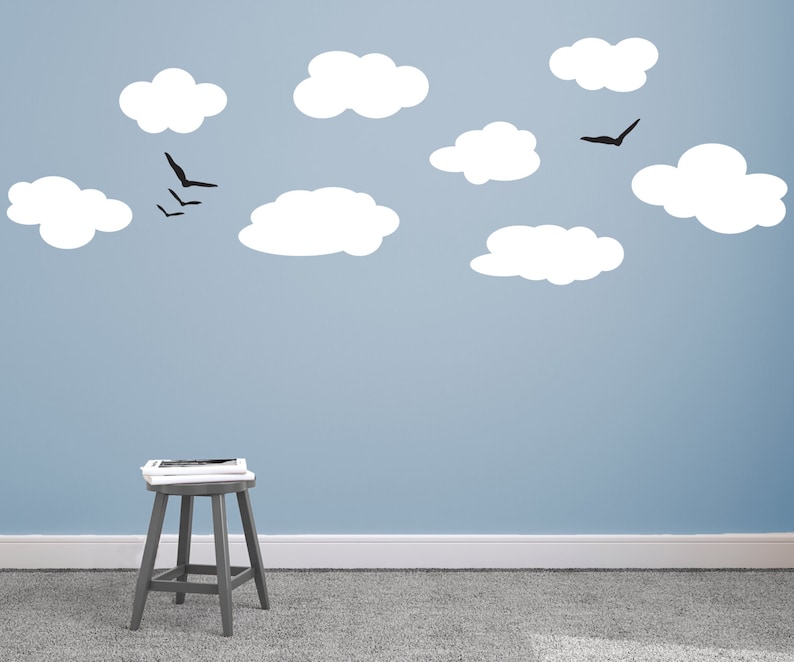 Clouds and Birds Silhouettes Whimsical Modern Scene Wall Decal Custom Vinyl Art Stickers image 1