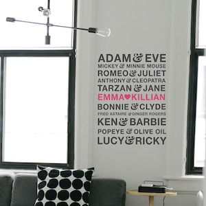 Famous Couples Typography Design with Custom Names in the Middle - Romantic Wall Decal Vinyl Art Stickers for Bedroom Decor, Valentines Gift