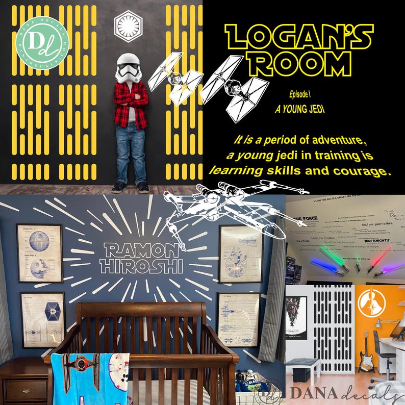 May include: A nursery room decorated with a Star Wars theme. The room features a crib, a changing table, and a wall mural with a Star Wars spaceship and the text "RAMON HIROSHI". The wall is also decorated with Star Wars posters and a light saber. The text "LOGAN'S ROOM" and "Episode 1 A YOUNG JEDI" is displayed on the top right corner of the image. The text "It is a period of adventure, a young jedi in training is learning skills and courage." is displayed below the title.