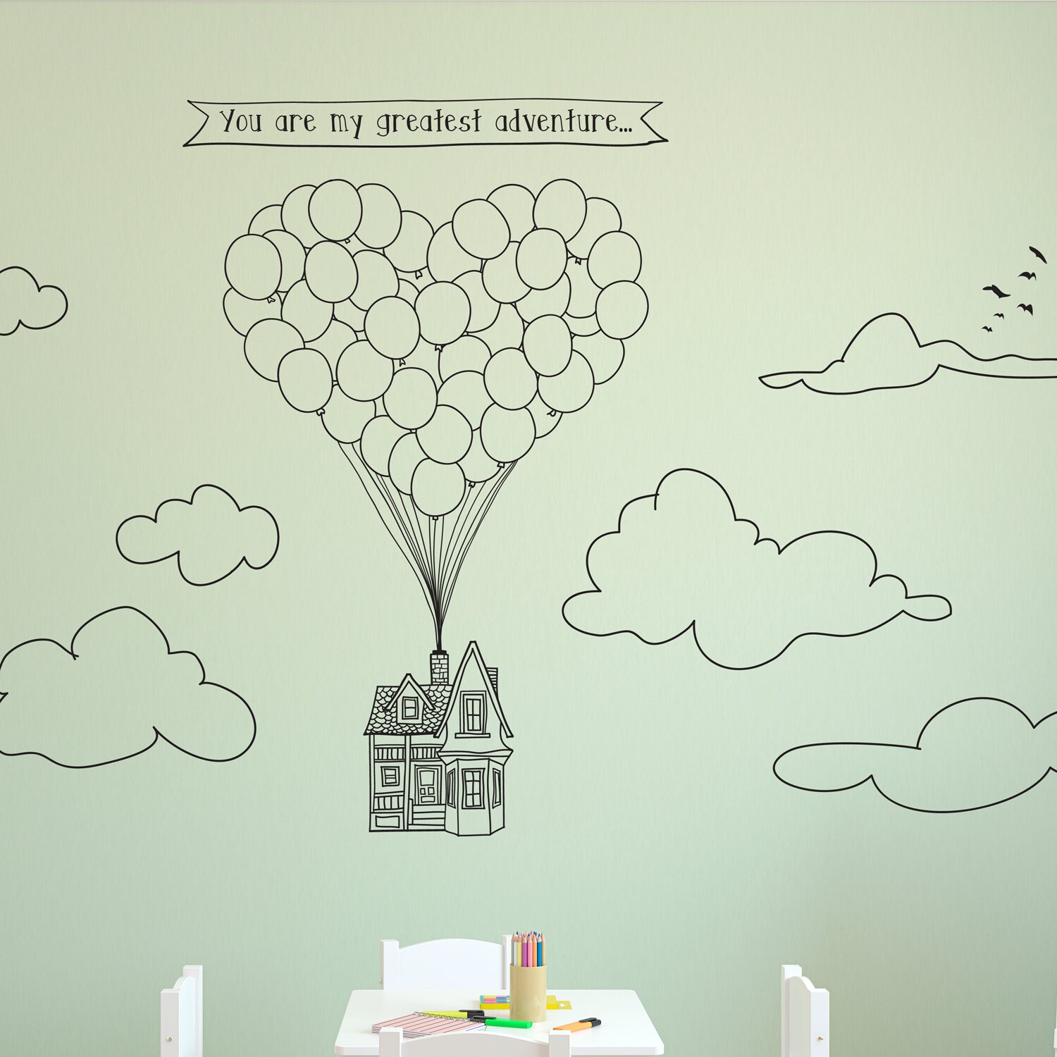 Doodled Scene Flying Heartshape Balloon up House Wall Decal Etsy