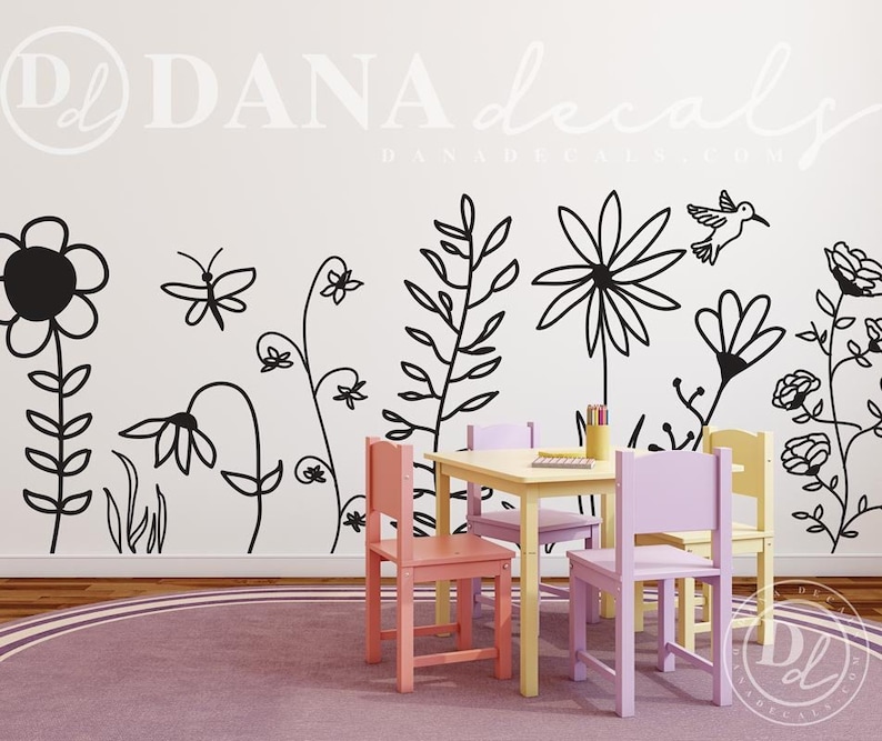 Large Whimsical Doodled Garden Wall Art Vinyl Decal For
