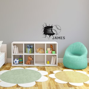 Personalized Baseball Smashing Through the Wall with Name - Wall Sticker Vinyl Decal