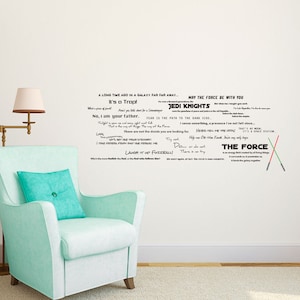 May include: A white wall with black text from the Star Wars movie franchise. The text includes famous quotes from the movies, such as "May the Force be with you", "It's a trap!" and "No, I am your father." The text is arranged in a random pattern on the wall. Two crossed lightsabers are in the bottom right corner of the image.