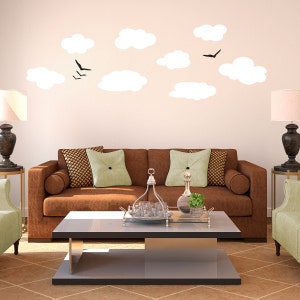 Clouds and Birds Silhouettes Whimsical Modern Scene Wall Decal Custom Vinyl Art Stickers image 2