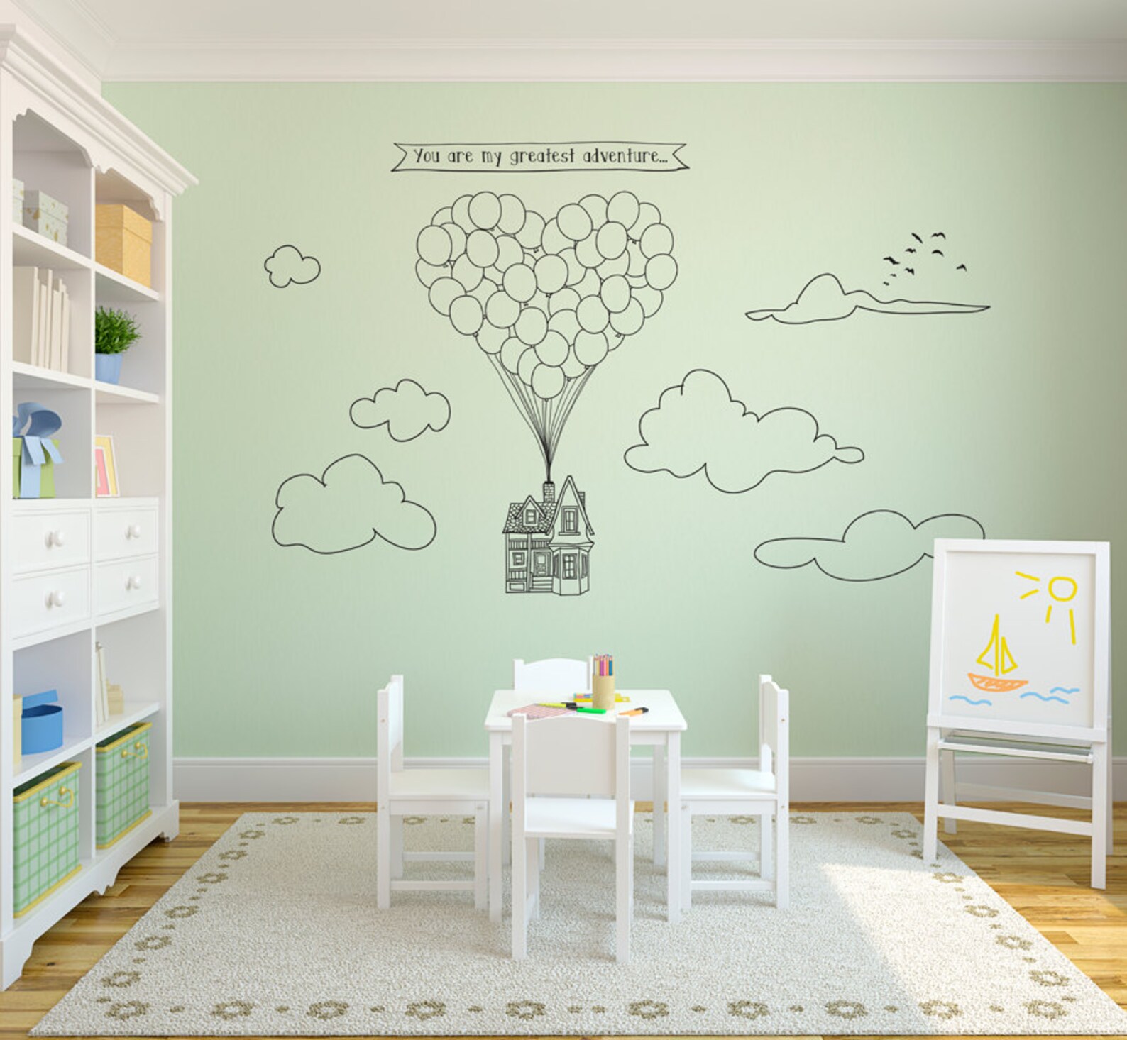 Doodled Scene Flying Heartshape Balloon up House Wall Decal Etsy
