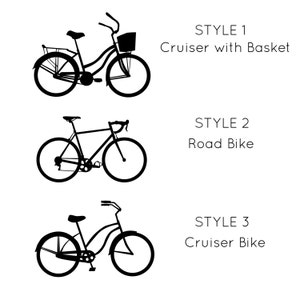 May include: Three different styles of bicycles are shown in black silhouette. The top bicycle is a cruiser with a basket, the middle bicycle is a road bike, and the bottom bicycle is a cruiser.