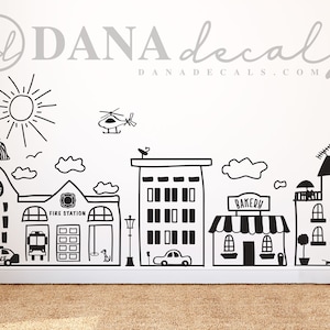 Large Doodled Town Skyline - Wall Art Vinyl City Decal for Kid&#39;s Rooms, Play rooms, Bedrooms, Day Cares, Schools, Libraries Super Hero Room