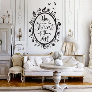 Snow White Fairest of Them All Quote in Woodland Mirror Wall Decal - Custom Vinyl Art Stickers for Homes, Bedrooms, Interior Designers