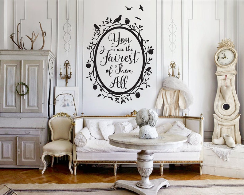 Snow White Fairest of Them All Quote in Woodland Mirror Wall Decal - Custom Vinyl Art Stickers for Homes, Bedrooms, Interior Designers 