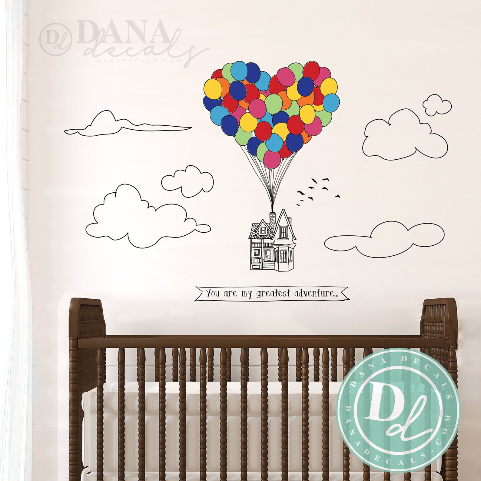 Doodled Scene Flying Heartshape Balloon up House Wall Decal Etsy
