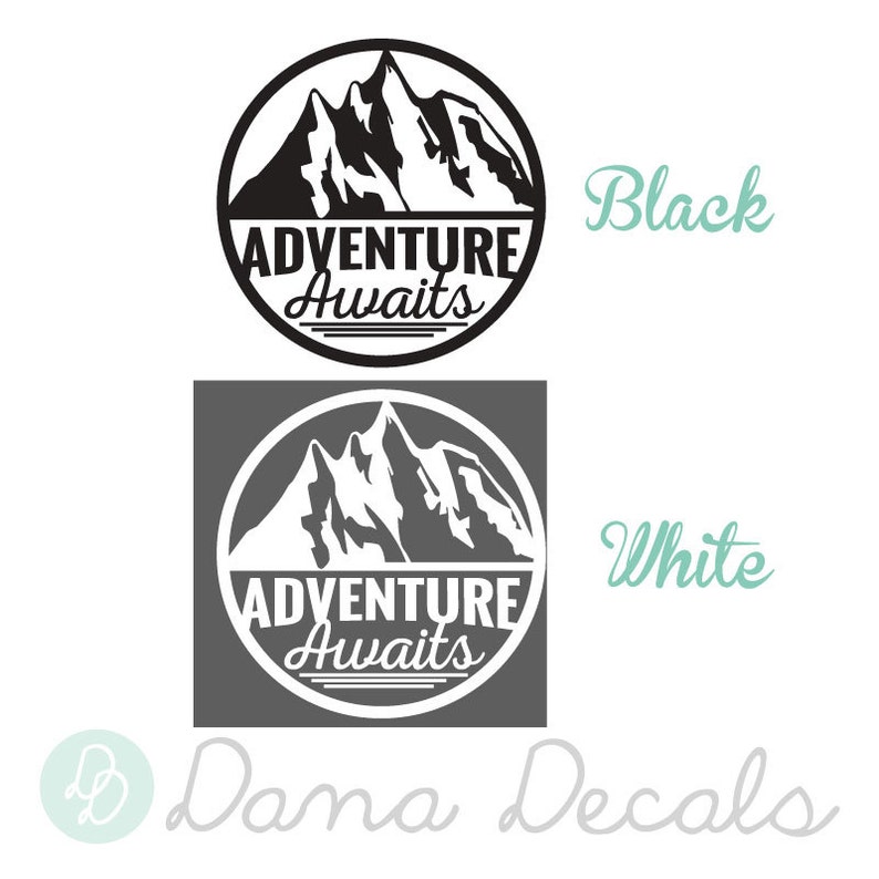 May include: Two circular decals with a mountain range design. One is black on a white background, the other is white on a gray background. The text "ADVENTURE AWAITS" is centered below the mountains.