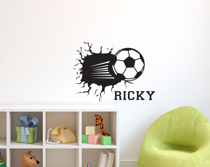 Personalized Soccer Ball Smashing Through the Wall with Name - Wall Sticker Vinyl Decal