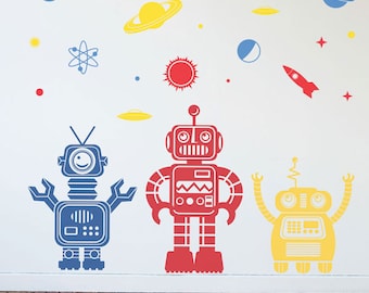 LARGE Friendly 3 Space Scene Robot Collection- Space Robot Planets Space Vinyl Wall Art Decal Graphics for Kid's Rooms, Nurseries, Bedrooms