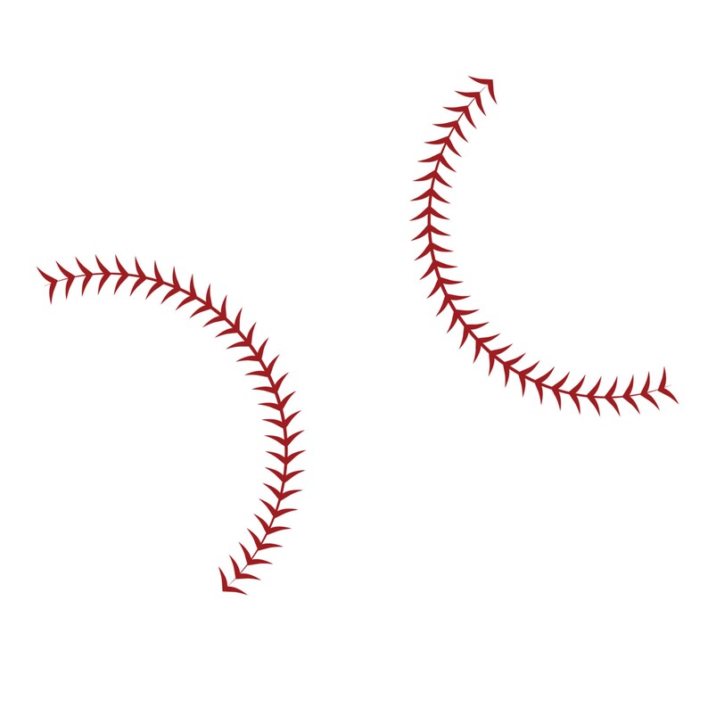 Puede incluir: Dos costuras de b&eacute;isbol rojas, cada una formando una l&iacute;nea curva, sobre un fondo blanco.