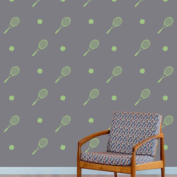 Tennis Ball & Racquet Icons Sports Decal - Pattern Designs - Wall Decal Custom Vinyl Art Stickers for Homes, Playrooms, Kid rooms