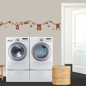 Cute Floral Vine Clothesline  -  Laundry Room Wall Decals Flower Vine Nature Clothesline with Clothes, Birds, Butterflies, Flowers, Leaves
