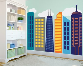 Bold Colorful Geometric City Skyline - Large Wall Decal Custom Vinyl Art Sticker Collection for Superhero Themed Kid's Rooms, Nurseries