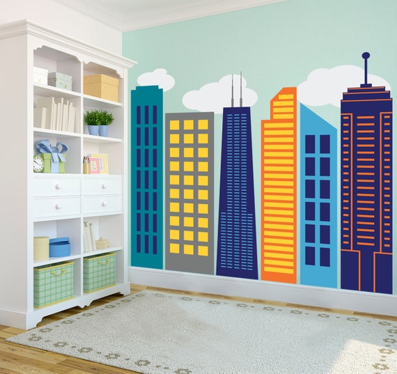 Bold Colorful Geometric City Skyline - Large Wall Decal Custom Vinyl Art Sticker Collection for Superhero Themed Kid's Rooms, Nurseries