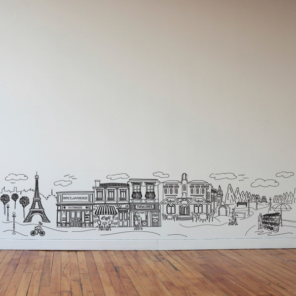 Doodled Paris Eiffel Tower Street Scene – Whimsical Vinyl Wall Decal
